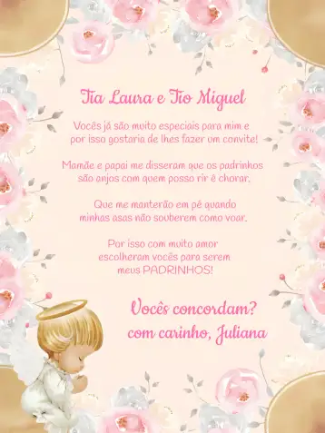 Convite Padrinhos De Batismo Anjinho Ramos para batizado da sua filha, celebrando a entrada na fé. – tema batizado (rosa claro, branco suave, minimalista, religioso, infantil)