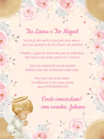 Convite Padrinhos De Batismo Anjinho Ramos para batizado da sua filha, celebrando a entrada na fé. – tema batizado (rosa claro, branco suave, minimalista, religioso, infantil)