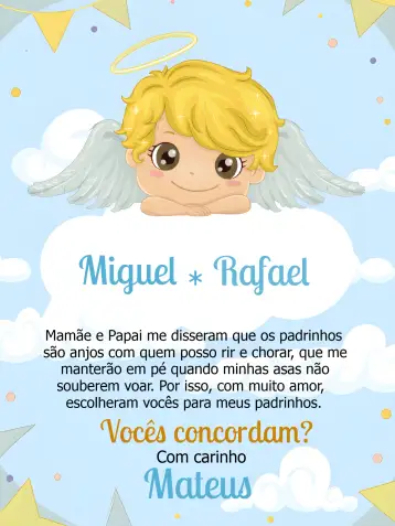 Convite Padrinhos De Batismo Menino para batizado de menino com padrinhos especiais. – tema batizado (dourado, azul, religioso, elegante, infantil, delicado)