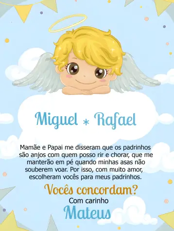 Convite Padrinhos De Batismo Menino para batizado de menino com padrinhos especiais. – tema batizado (dourado, azul, religioso, elegante, infantil, delicado)