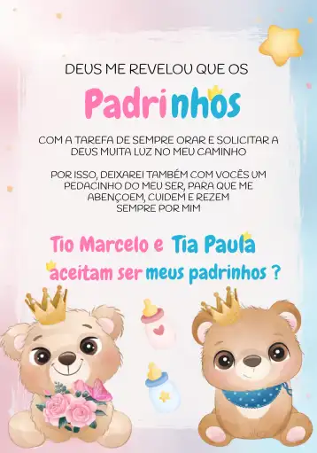 Convite Padrinhos Ursinhos Realeza Revelação editável e personalizável
