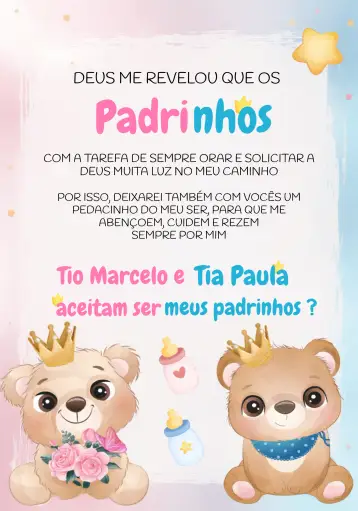 Convite Padrinhos Ursinhos Realeza Revelação para chá de revelação do bebê. – tema chá revelação (ursinhos, realeza, rosa e azul, lúdico, divertido, infantil)