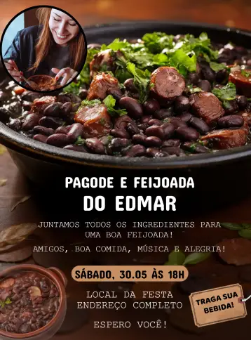 Convite Pagode E Feijoada Com Foto Feijão para chá de panela com tema de pagode e feijoada. – tema chá de panela (colorido, tropical, rústico, divertido, brasileiro, musical)