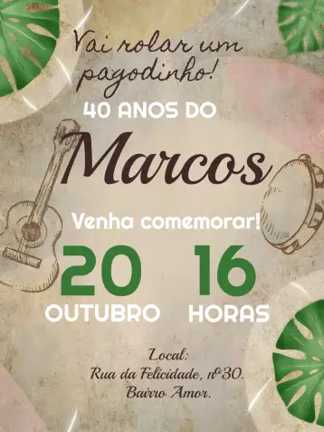 Convite Pagode Pagodinho para birthday and themed parties with a pagode theme. – tema most searched for (tropical, festive, colorful, modern, fun, cheerful)