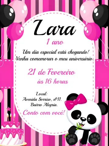 Convite Panda Ursinha para children's birthday. – tema most searched for (cute, colorful, modern, fun, animals, childish)