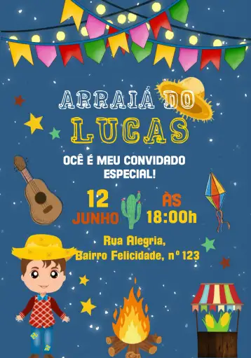 Convite For Arraiá Festa Junina João para children's birthday and festa junina. – tema commemorative dates (colorful, festive, typical, rustic, cheerful, cultural)