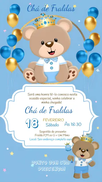 Convite Para Chá De Fraldas Ursinho Príncipe Azul para chá de fraldas para celebrar a chegada do bebê. – tema chá de fraldas (azul, dourado, realeza, infantil, divertido, elegante)