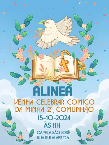 Convite Para Primeira Eucaristia Comunhão para celebração da primeira eucaristia. – tema primeira comunhão (espiritual, delicado, minimalista, branco e dourado, floral, ilustrações infantis)