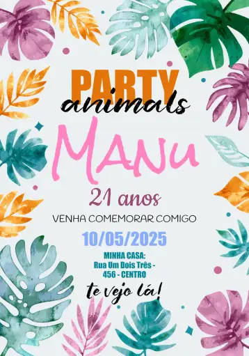 Convite Summer Party Animals para adult birthday with tropical and animal theme. – tema birthday (tropical, colorful, modern, fun, animal print, summery)