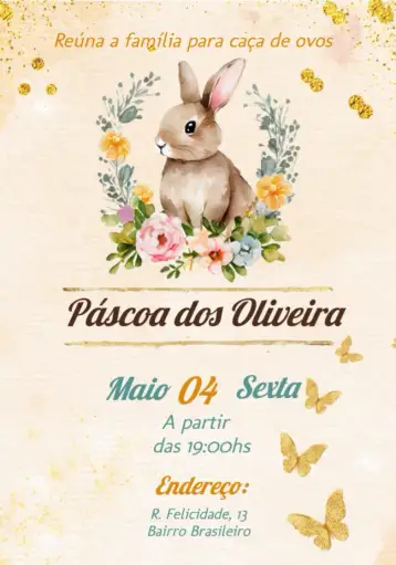 Convite Páscoa Pascóa para festa de páscoa em família. – tema datas comemorativas (colorido, divertido, familiar, ilustrações de coelhos, ovos decorados, estilo alegre)
