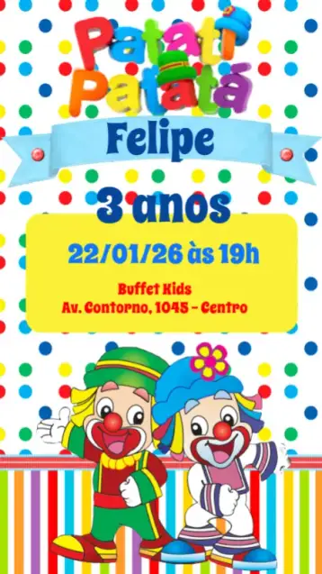 Convite Patati Patatá para aniversário infantil – tema aniversário infantil (colorido, divertido, temático, alegre, infantil)