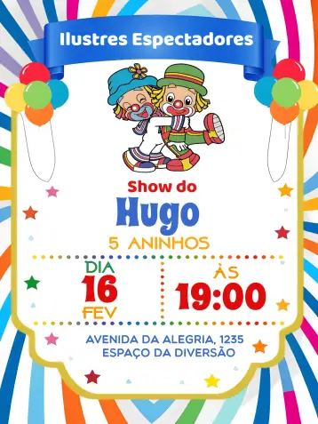Convite Patati Patatá Purple para children's birthday. – tema most searched for (circus, colorful, playful, childlike, fun)
