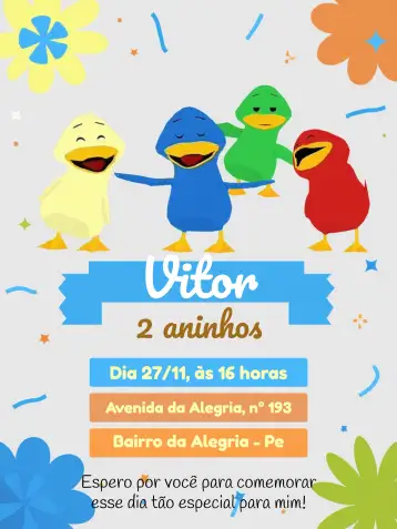 Convite Pato Rayado de Colores para cumpleaños infantil. – tema más buscados (colorido, divertido, infantil, listrado, animal, vibrante)