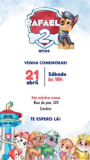 Convite Patrulha canina aquarela editável e personalizável