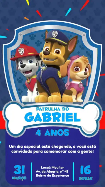 Convite Patrulla Canina Azul para cumpleaños infantil – tema cumpleaños infantil (azul, colorido, divertido, temática infantil, personajes animados)