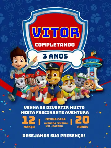 Convite Patrulha Canina Azul Menino Patrol editável e personalizável