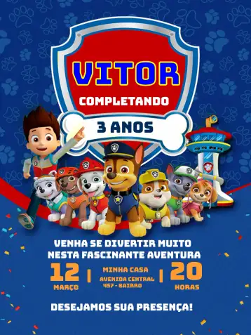 Convite Patrulha Canina Azul Menino Patrol editável e personalizável