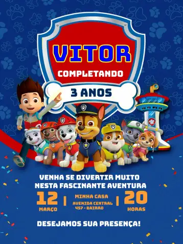 Convite Patrulha Canina Azul Menino Patrol para aniversário infantil – tema aniversário infantil (azul, divertido, infantil, colorido, temático)