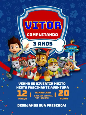 Convite Patrulha Canina Azul Menino Patrol para aniversário infantil – tema aniversário infantil (azul, divertido, infantil, colorido, temático)