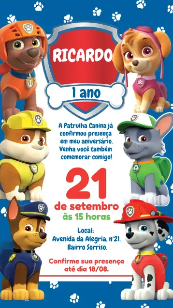 Convite Patrulha Canina Cachorrinhos para aniversário infantil – tema aniversário infantil (azul, colorido, temático, divertido, moderno)