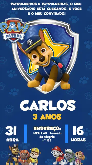 Convite Patrulha Canina Chase Zuma editável e personalizável