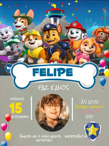 Convite Patrulha Canina Com Foto Azul editável e personalizável