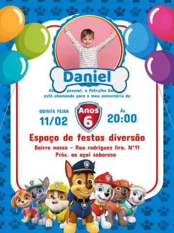 Convite Patrulla Canina Con Foto Azul para cumpleaños infantil – tema cumpleaños infantil (azul, blanco, rojo, temático, divertido, infantil)