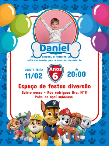 Invitación Patrulla Canina Con Foto Azul editable y personalizable