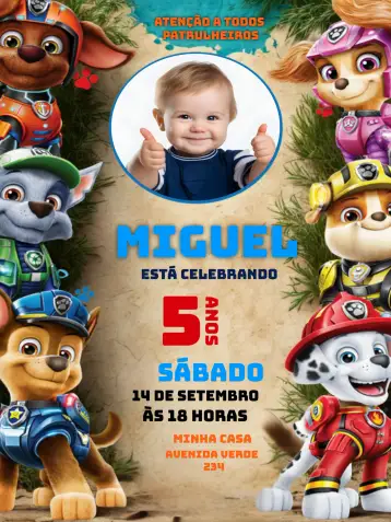 Convite Patrulha Canina Com Foto Infantil para aniversário infantil – tema aniversário infantil (colorido, divertido, temático, infantil, animado)
