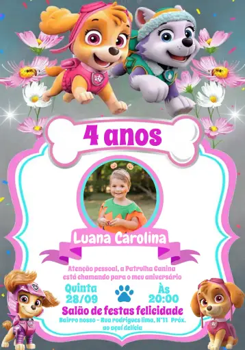 Convite Patrulha Canina Com Foto Rosa para aniversário infantil – tema aniversário infantil (rosa, azul, branco, divertido, infantil, temático)