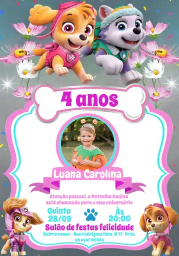 Convite Patrulha Canina Com Foto Rosa editável e personalizável