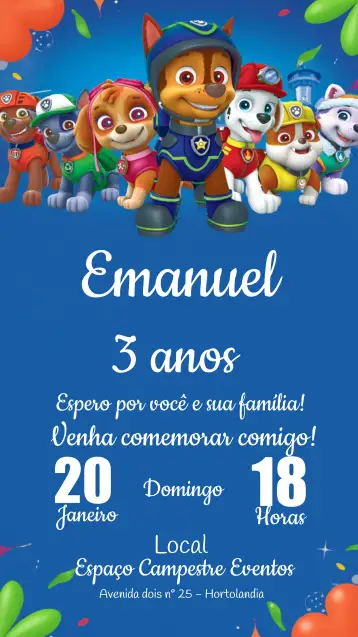 Convite Patrulla Canina Infantil para cumpleaños infantil con temática de la patrulla canina. – tema cumpleaños infantil (divertido, colorido, infantil, temático, brincalhão, animado)