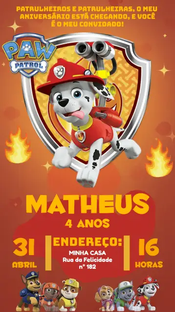 Convite Patrulla Canina Marshall Infantil para cumpleaños infantil con temática patrulla canina. – tema más buscados (colorido, temático, divertido, infantil, animado)