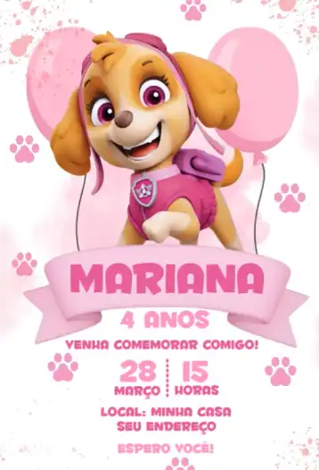 Convite Patrulha Canina Menina 4 – tema Aniversário rosa, divertido, infantil, temático, colorido, moderno