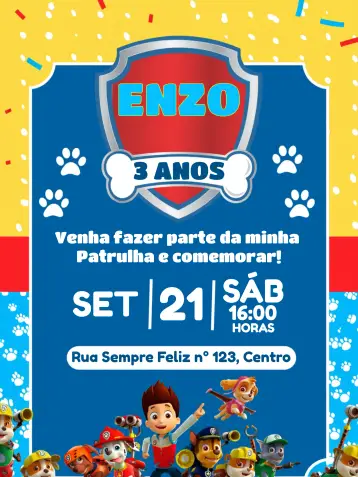 Invitación Patrulla Canina Patrow editable y personalizable