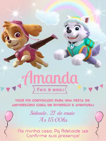 Convite Pink Paw Patrol para children's birthday. – tema kids' birthday party (pink, fun, childish, colorful, themed, playful)