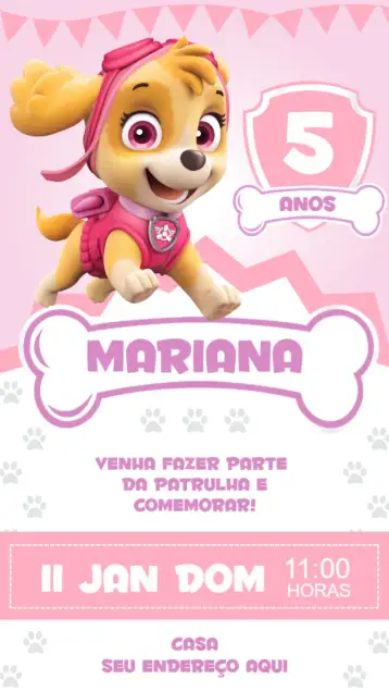 Convite Patrulha Canina Skye para aniversário infantil – tema aniversário infantil (colorido, divertido, temático, infantil, lúdico)