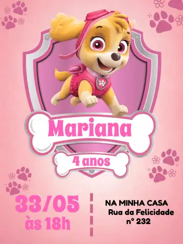 Convite Patrulha Canina Skye editável e personalizável