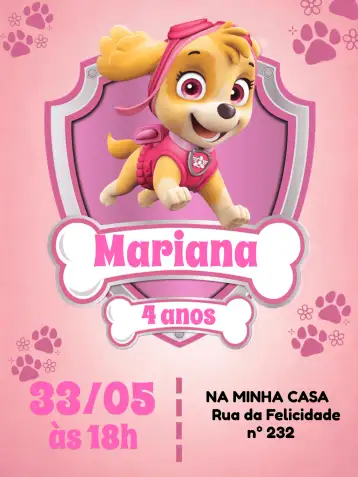 Convite Patrulha Canina Skye editável e personalizável