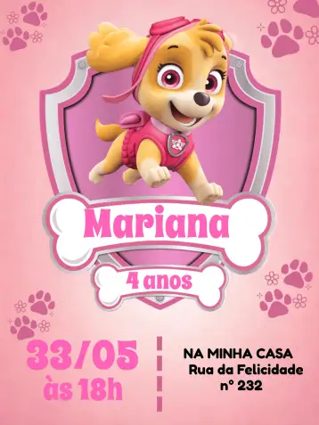 Convite Patrulha Canina Skye para aniversário infantil – tema aniversário infantil (rosa, divertido, lúdico, colorido, infantil)