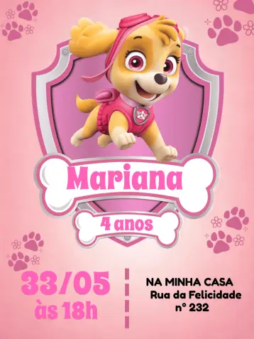 Convite Patrulha Canina Skye para aniversário infantil – tema aniversário infantil (rosa, divertido, lúdico, colorido, infantil)
