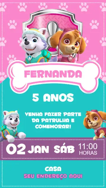Convite Patrulha Canina Skye Everest para aniversário infantil com tema patrulha canina. – tema aniversário infantil (divertido, colorido, temático, infantil, aventura)