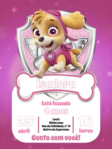 Convite Patrol Canine Skye Marshall para children's birthday – tema kids' birthday party (vibrant colors, childish style, Paw Patrol elements, playful illustrations, dog theme, pink details)