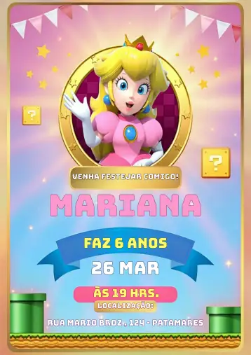 Convite Princesa Peach para cumpleaños infantil con temática de videojuegos. – tema cumpleaños infantil (colores suaves, lúdico, temática de videojuegos, vibes de fiesta, estilo moderno, elementos gráficos divertidos)