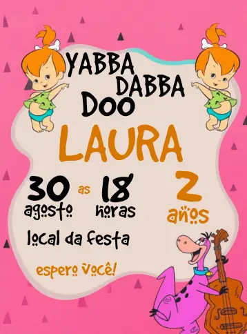 Convite Pedrita Dabba para aniversário infantil com tema flintstones. – tema aniversário infantil (vibrante, pré-histórico, colorido, divertido, temático, lúdico)