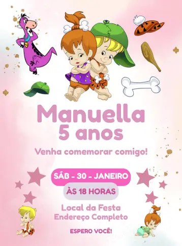 Convite Pedrita And Bambam Rosa para kids birthday – tema kids' birthday party (pink, fun, childish, playful, colorful)