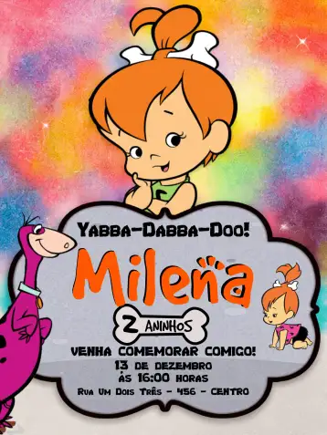 Convite Pedrita Flinstones para aniversário infantil com tema flintstones. – tema aniversário infantil (vintage, colorido, divertido, temático, moderno, pré-histórico)