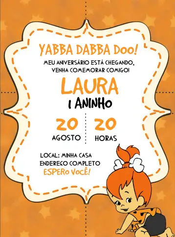 Convite Pedrita Flinstones Digital para aniversario infantil con tema de los picapiedra. – tema cumpleaños infantil (temática de Los Picapiedra, colores vibrantes, diseño divertido, estilo de caricatura, elementos gráficos infantiles, estilo moderno)