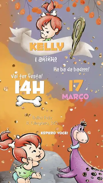 Convite Pedrita Flinstones Age para children's birthday with flinstones theme. – tema kids' birthday party (colorful, fun, Flintstones-themed, cartoon style, vintage, playful)