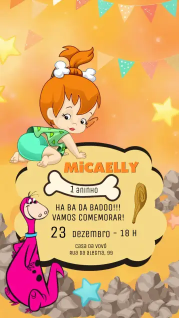 Convite Pedrita Flintstones Infantil para aniversário infantil com tema dos flintstones. – tema aniversário infantil (colorido, temático, vintage, divertido, pré-histórico, inspirado nos Flintstones)